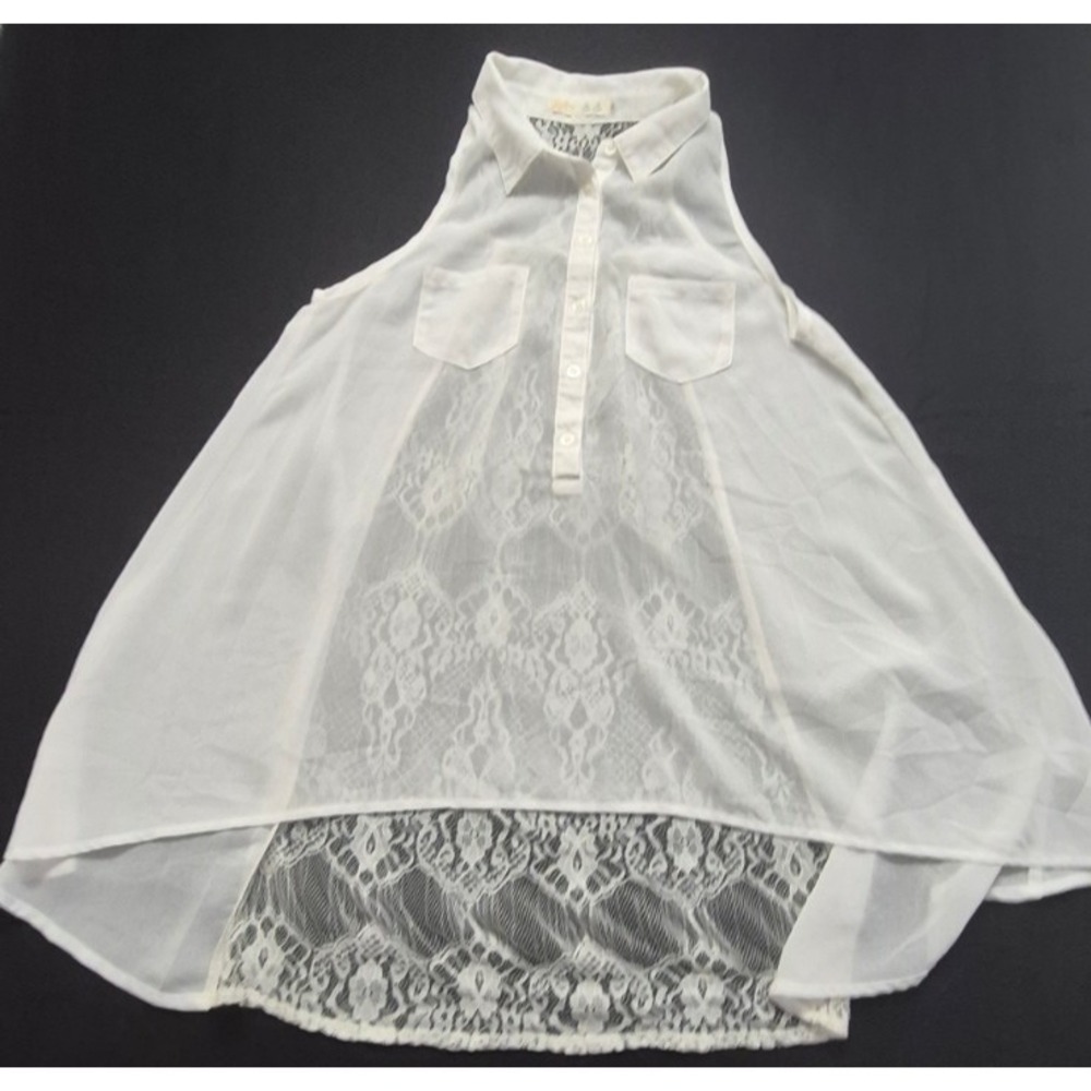 Illa Illa women's white sheer tunic top SM sleeveless hi-low hem lace back boho